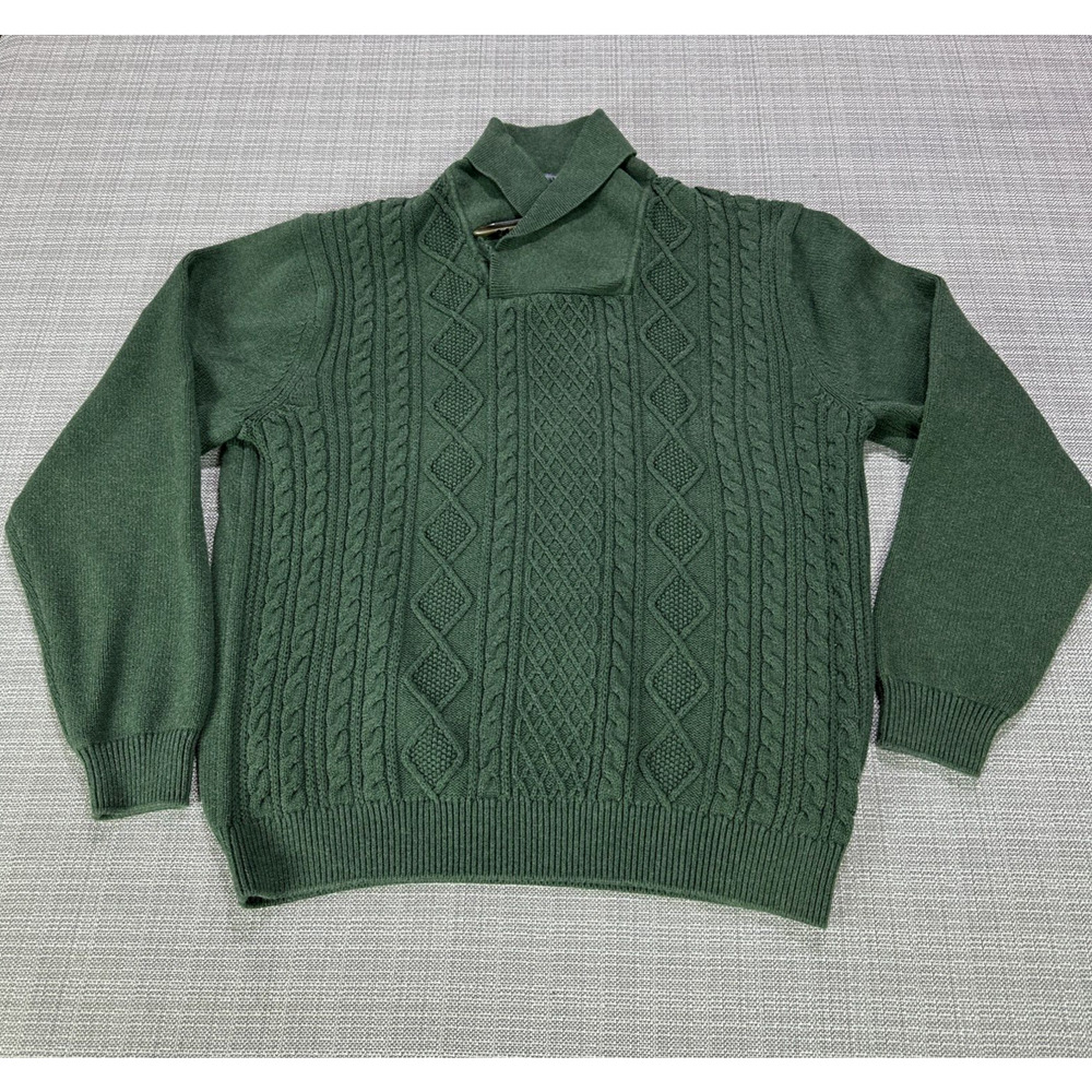 Cutter & Buck Sweater Mens Large Green Shawl Neck Toggle Cable Knit‎ Holiday